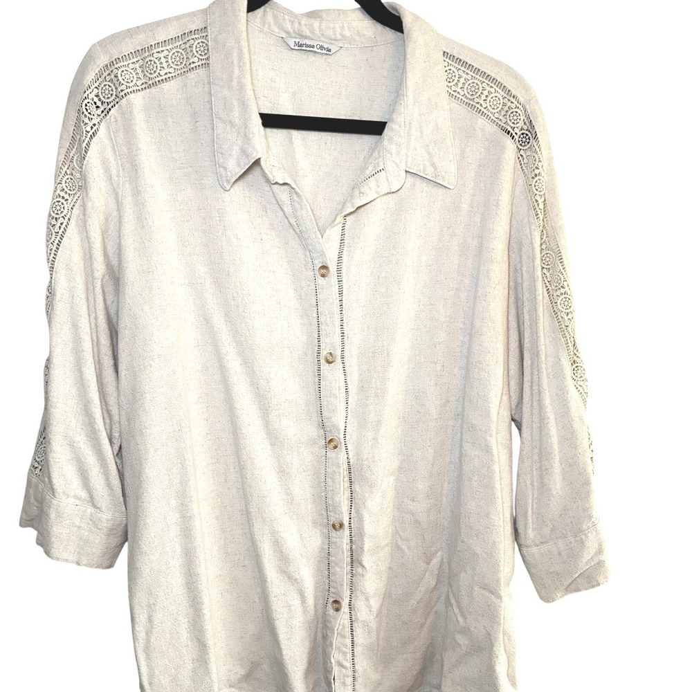 Linen Blend Lace Crochet Shirt Blouse 3/4 Sleeve Ivory Women XL Resort Beach